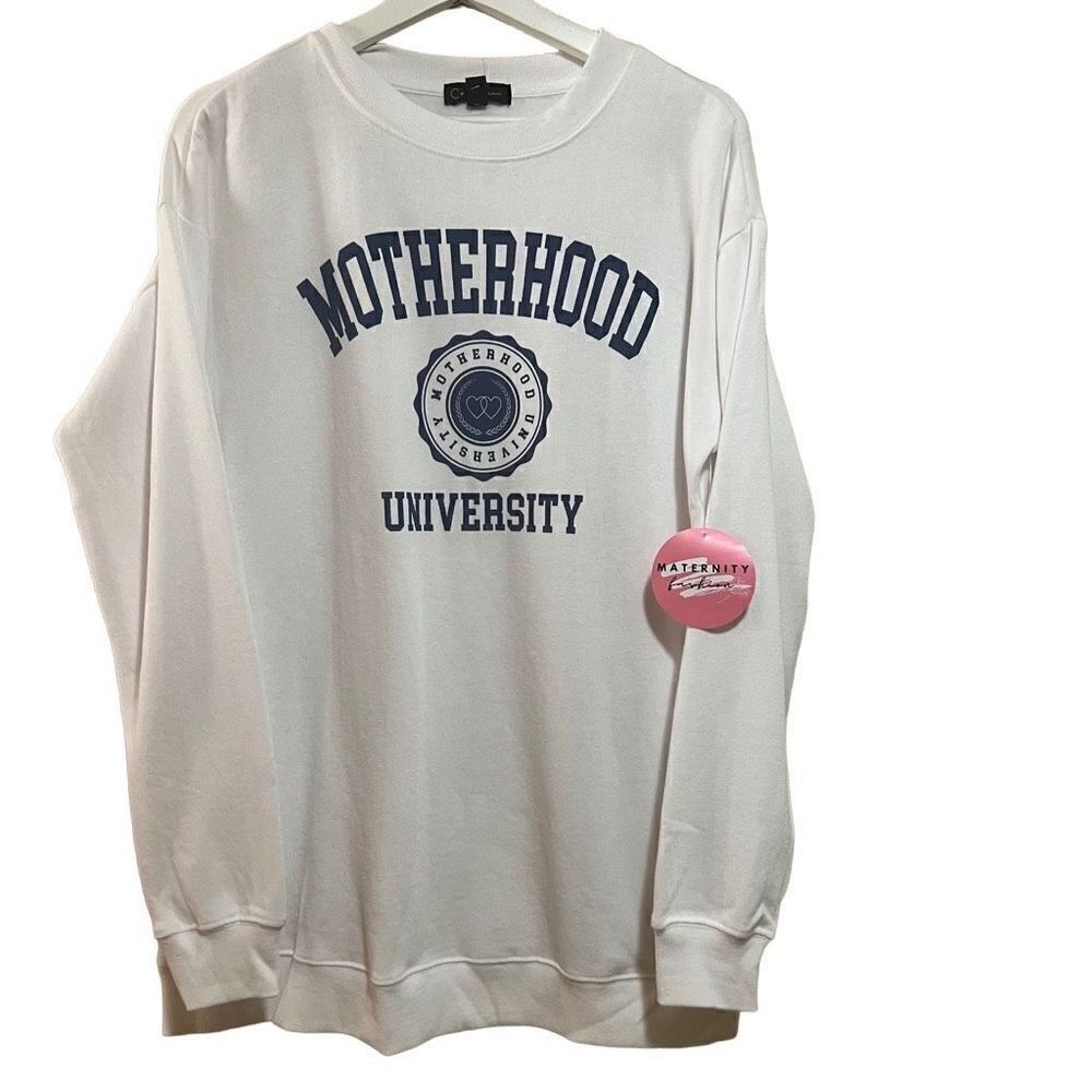 New Maternity Varsity University Sweatshirt Med White Navy Pullover Crewneck